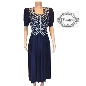 Plaza South Vintage Blue Beaded Short Sleeve Secretary Popover Dress Size 4